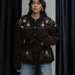 Black Floral Embroidered Belted Jacket