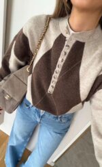 Beige and Brown Argyle Knit Sweater - Image 2
