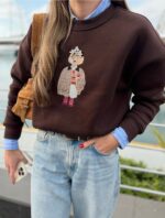 Brown embroidered character crewneck sweater - Image 2