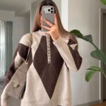 Beige and Brown Argyle Knit Sweater
