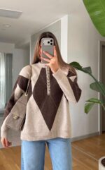 Beige and Brown Argyle Knit Sweater