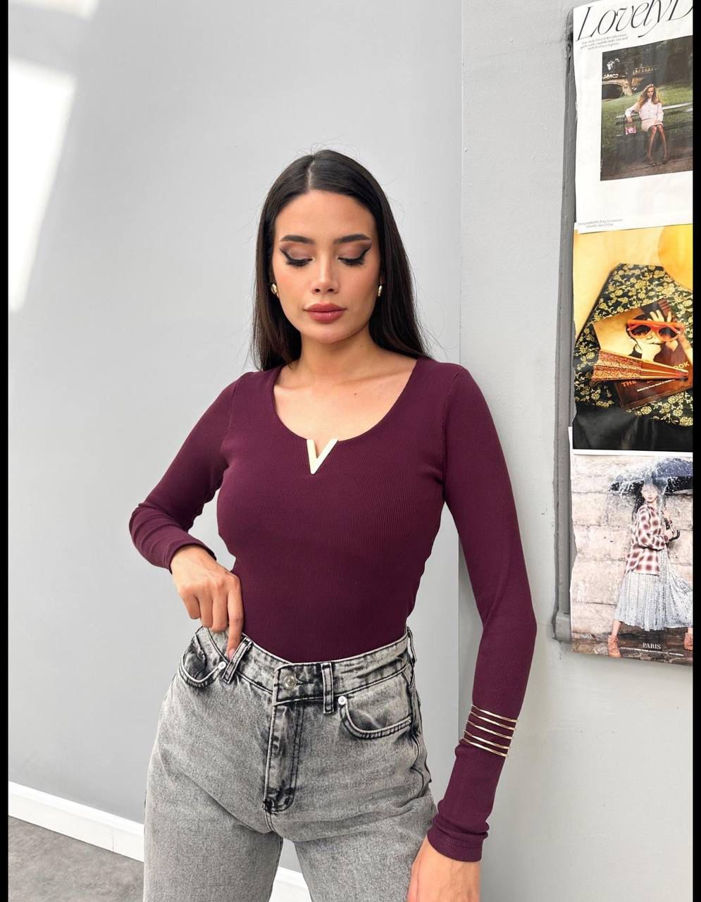 d51ca6c4-9d93-4845-a3ae-edcae2ef0316 Burgundy Long Sleeve Ribbed Bodysuit - Image 1