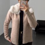 Light brown soft knit cardigan with fur collar