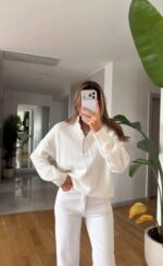 White Button Neck Knit Sweater
