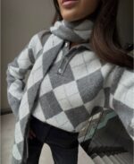 Gray Argyle Knit Sweater and Scarf Set - Image 2