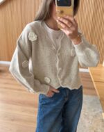 Beige Knit Cardigan With Flower Appliques - Image 2