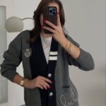 Women's Grey And Black Button Cardigan