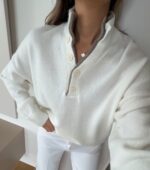 White Button Neck Knit Sweater - Image 3