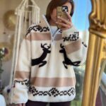Reindeer Print Fleece Quarter Zip Sweater