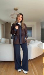 Women's Brown and Navy Two-Piece Set