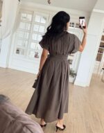 Brown V-Neck Maxi Dress With Tie Waist - Image 2