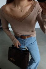 Brown Lace Trim Off Shoulder Top - Image 2