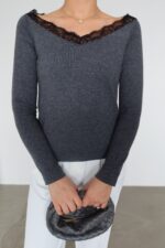 Dark Grey Lace Trim Off Shoulder Top - Image 2