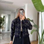 Navy Argyle Knit Bomber Jacket