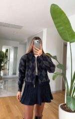 Navy Argyle Knit Bomber Jacket