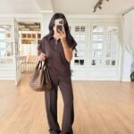 Brown Zip Collar Short Sleeve Top and Pants Set