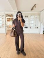 Brown Zip Collar Short Sleeve Top and Pants Set