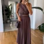 Brown Sleeveless Crop Top Maxi Skirt Set