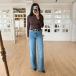 Brown Turtleneck Top and Wide Leg Jeans