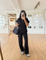 Black Zip Collar Short Sleeve Top and Pants Set