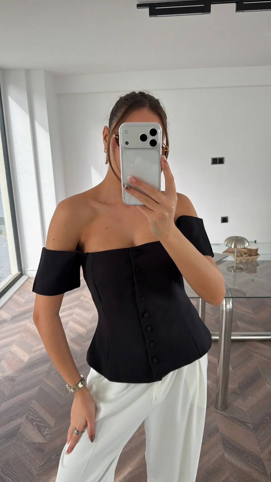 7913ad63-d3d8-4419-9409-aaab3db87131 Black Off Shoulder Button Front Top - Image 1