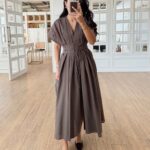 Brown V-Neck Maxi Dress With Tie Waist