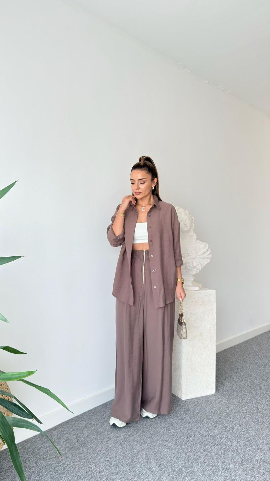 7cc30d41-b171-4a88-959e-423861a172f2 Mauve Button-Up Shirt and Wide Leg Pants Set - Image 1