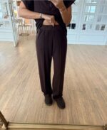 Brown Zip Collar Short Sleeve Top and Pants Set - Image 2