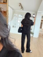 Black Zip Collar Short Sleeve Top and Pants Set - Image 2