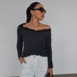 Dark Grey Lace Trim Off Shoulder Top