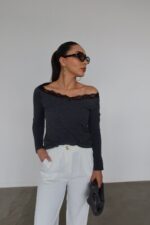 Dark Grey Lace Trim Off Shoulder Top