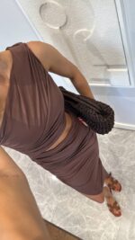 Brown One Shoulder Cutout Midi Dress - Image 2