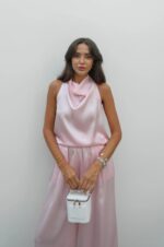 Pink Satin Halter Neck and Wide Leg Set - Image 2
