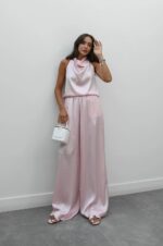 Pink Satin Halter Neck and Wide Leg Set