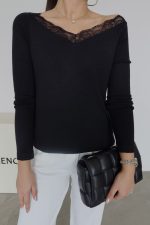 Black Lace Trim Long Sleeve Top - Image 2