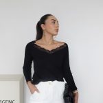 Black Lace Trim Long Sleeve Top