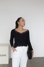 Black Lace Trim Long Sleeve Top