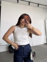 White Sleeveless Top With Rhinestone Trim - Image 2