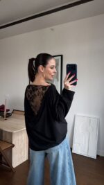 Black Lace Back Drape Top - Image 2