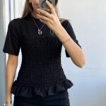 Black Smocked Short Sleeve Peplum Top