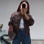 Brown Floral Embroidered Bomber Jacket