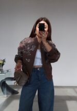 Brown Floral Embroidered Bomber Jacket