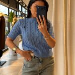 Blue Cable Knit Short Sleeve Sweater