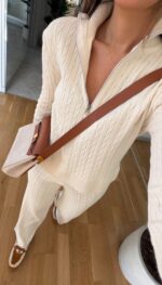 Cream Cable Knit Lounge Set for Women - Image 3