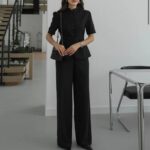 Black Short Sleeve Button Blouse Set