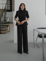 Black Short Sleeve Button Blouse Set