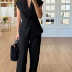 Women's Black Sleeveless Blazer Pants Set