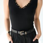 Black Sleeveless V-Neck Top With Gold Detail