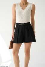 Women's Black High Waist Pleated Shorts