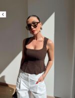 Brown Fitted Square Neck Tank Top